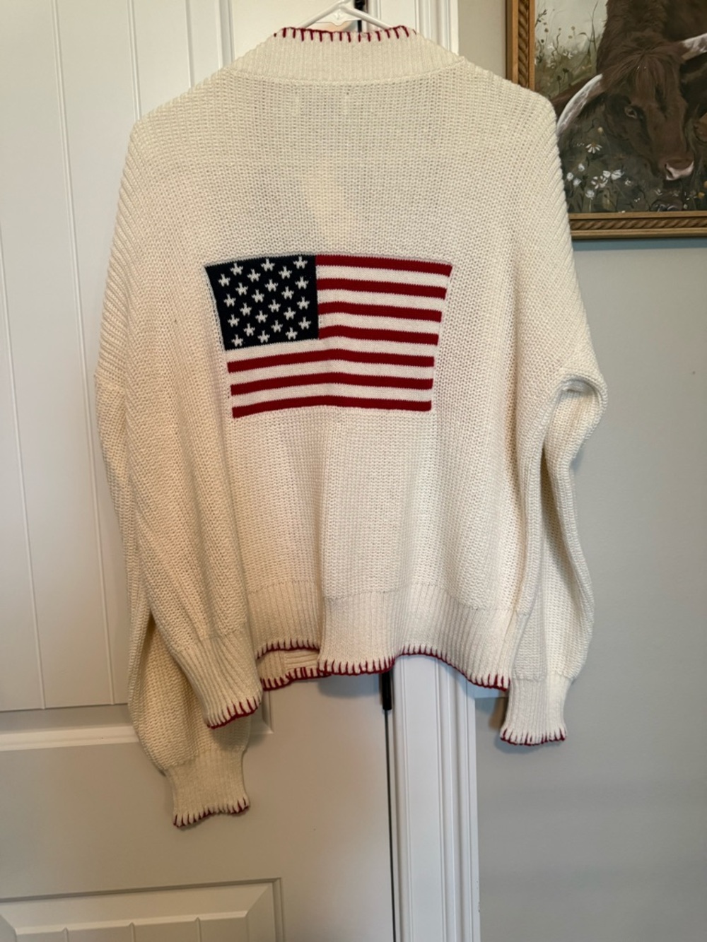Cream Women's USA Flag-Back Knit Sweater with Red Trim Hollister New